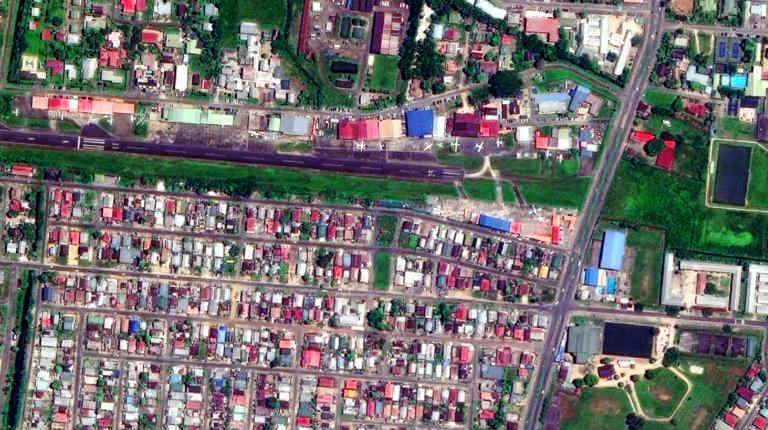 Zorg en Hoop airstrip and neighbourhood, Paramaribo — satellite image, © OMEO Space